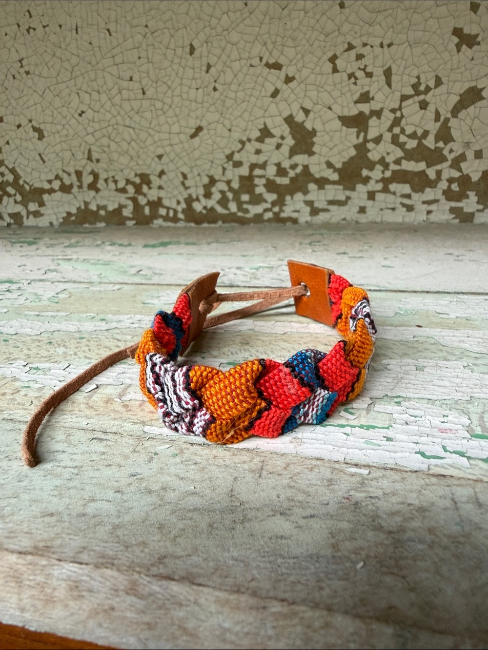🌿New Handwoven Multicolor Braided Fabric with Leather Bracelet